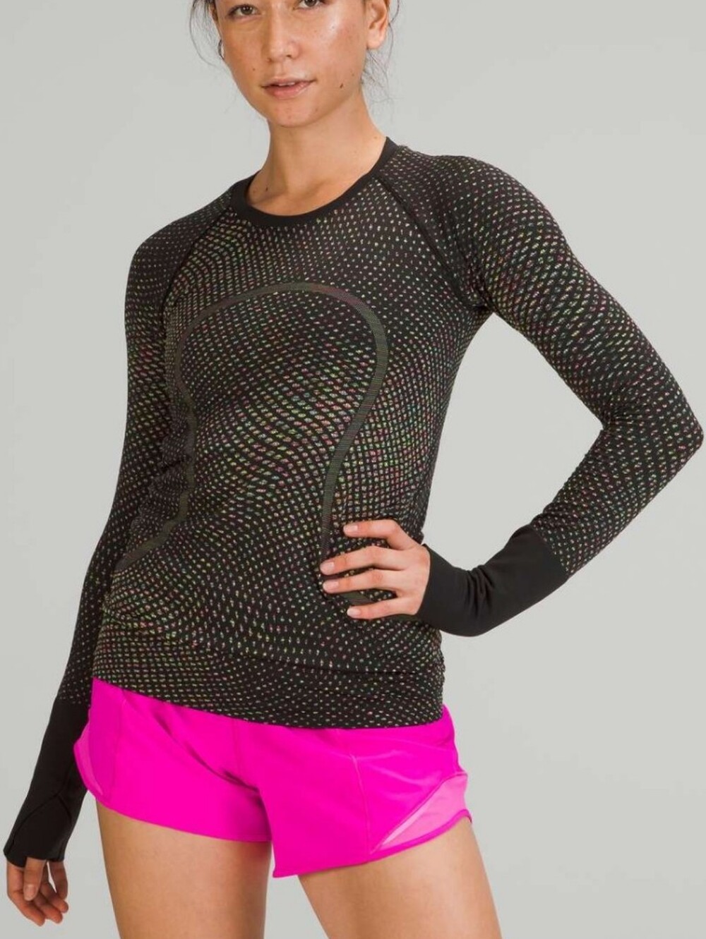 Lululemon Swiftly Tech Long Sleeve 2.0 In Grid Warp Black / Neon Multi Size 6